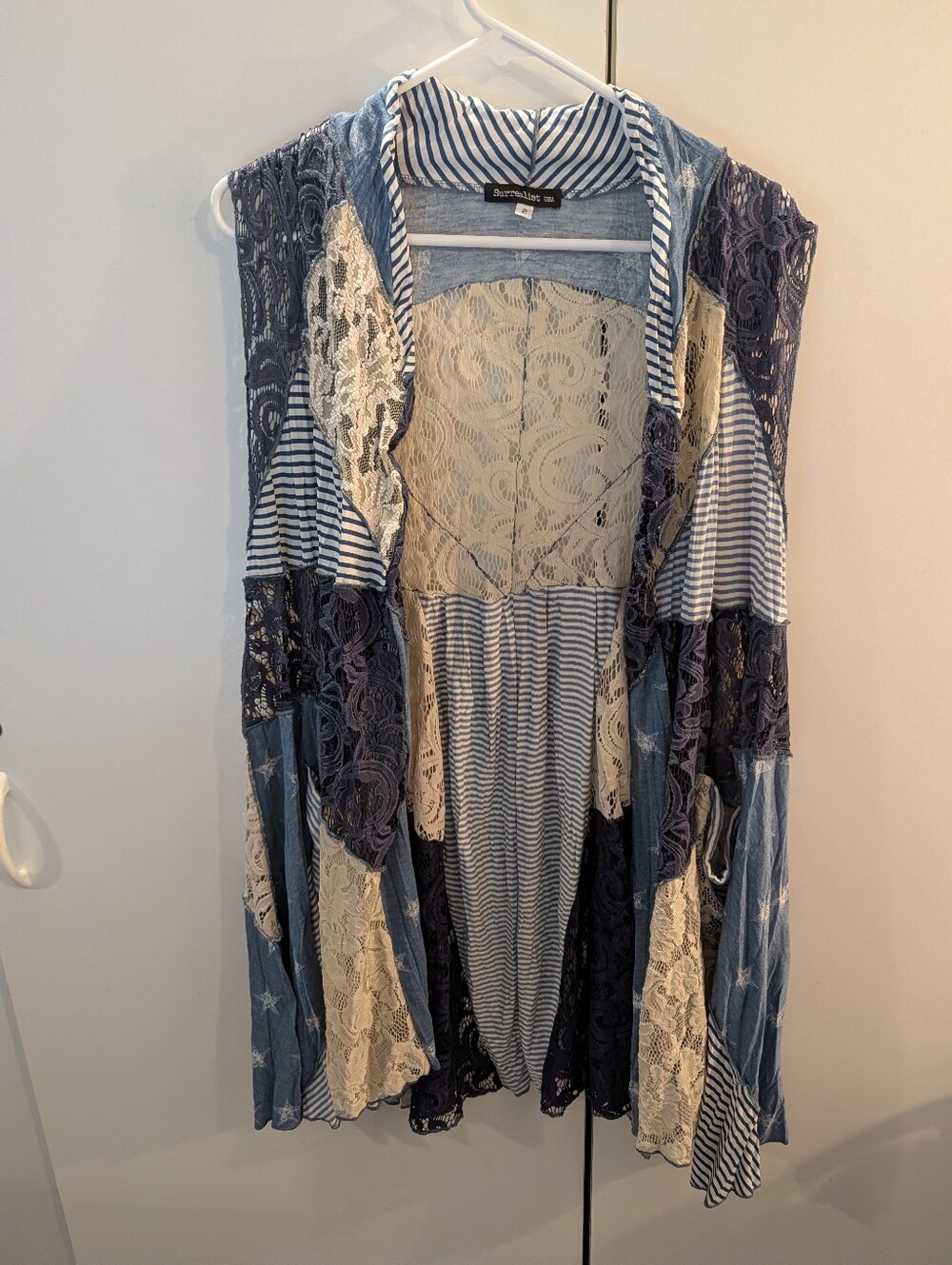 Surrealist Woman's Size 2/M Boho Lace & Stripe Patchwork Vest Blue & Cream